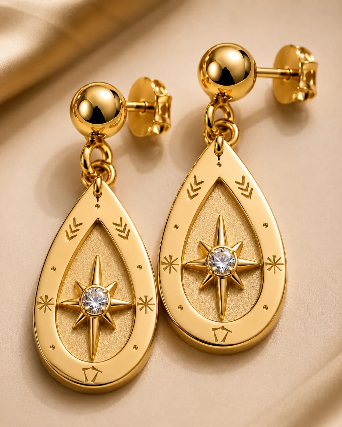 Teardrop Compass Drop Earrings, Gold tone