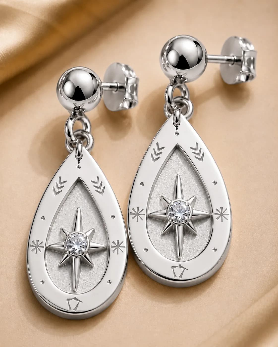 Teardrop Compass Drop Earrings, Silver tone